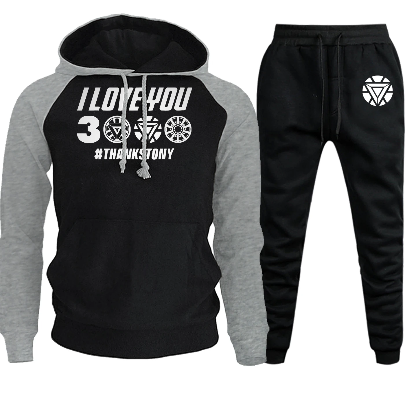 The Avengers 4 Iron Man I Love You 3000 Streetwear Mens Raglan Hooded Autumn Winter Suit Fleece Pullover+Pants 2 Piece Set