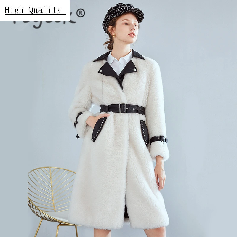 

Real Fur Coat Female Winter Real Leather Jacket + Belt Korean Sheep Shearing Long Coats Ladies Thick Warm Jacket 18F34483