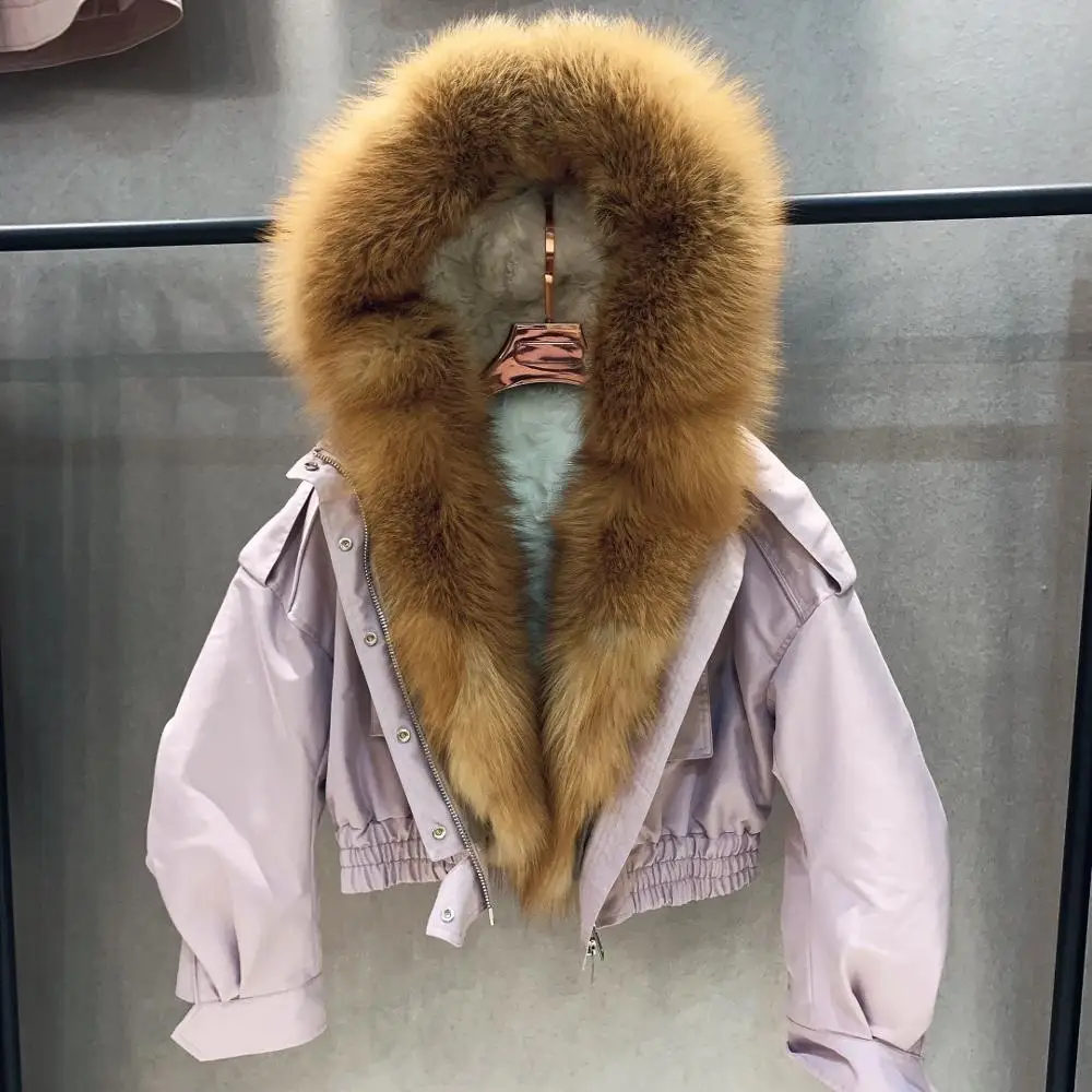 purple with gold Куртка-бомбер из натурального меха для женщин, толстая подкладка из меха ягненка, короткая парка с капюшоном и большим воротником из меха Красной лисы - Цвет: purple with gold