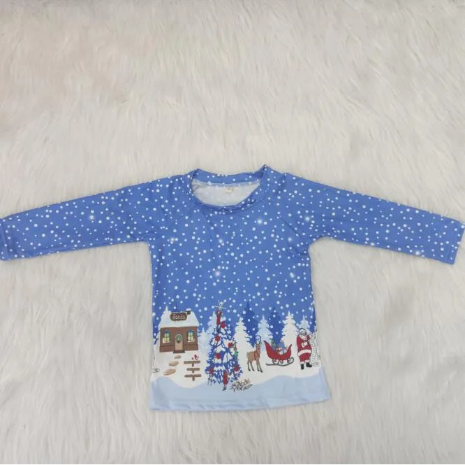 

Child boy long sleeve shirt Christmas style house snow scene Christmas tree Santa deer print still shirt yll