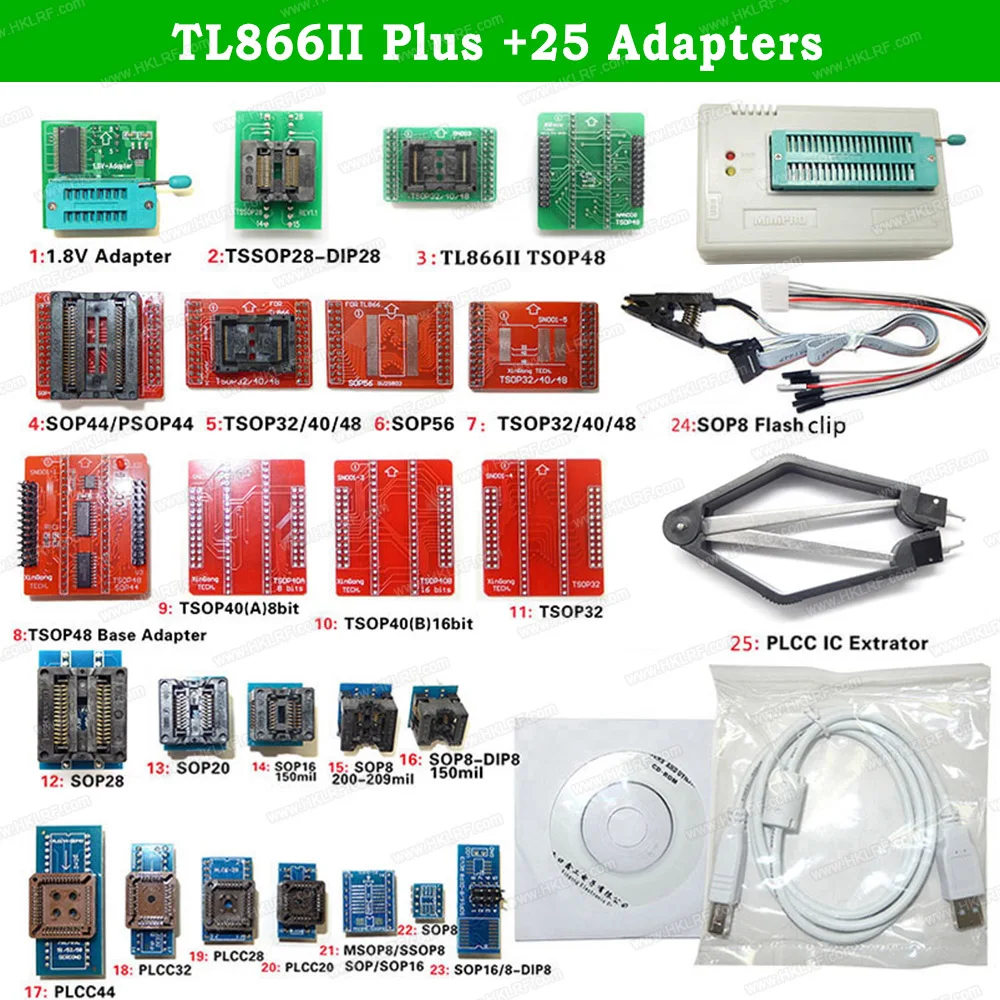 Minipro TL866II PLUS Универсальный USB программатор+ 25 адаптеров с Зажим для экстрактора