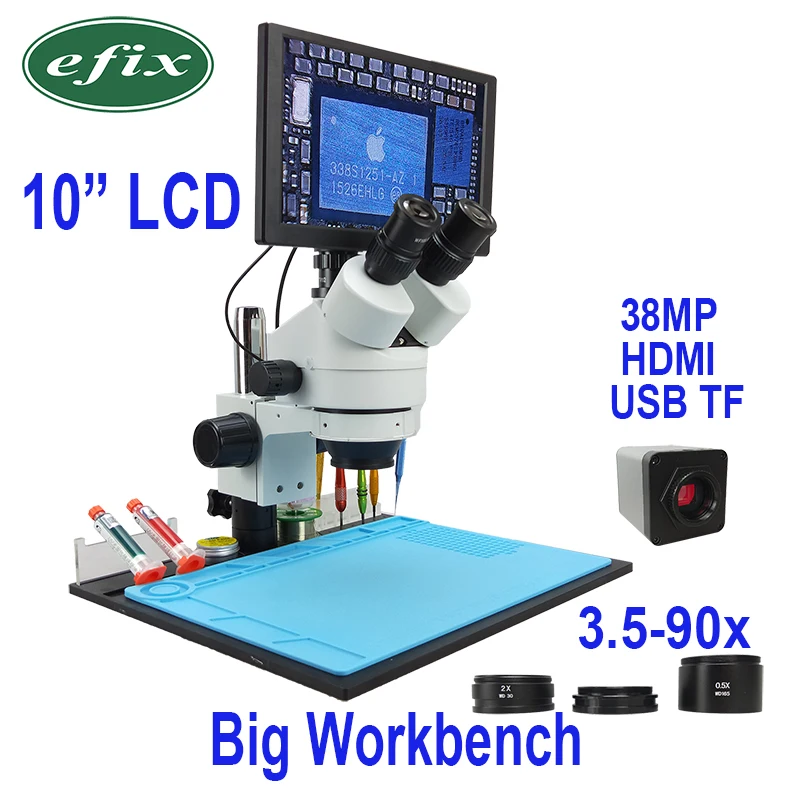 Efix 1" lcd 38MP непрерывный зум 3,5~ 90X Тринокулярный Стерео микроскоп 1080 HDMI USB Цифровая камера верстак