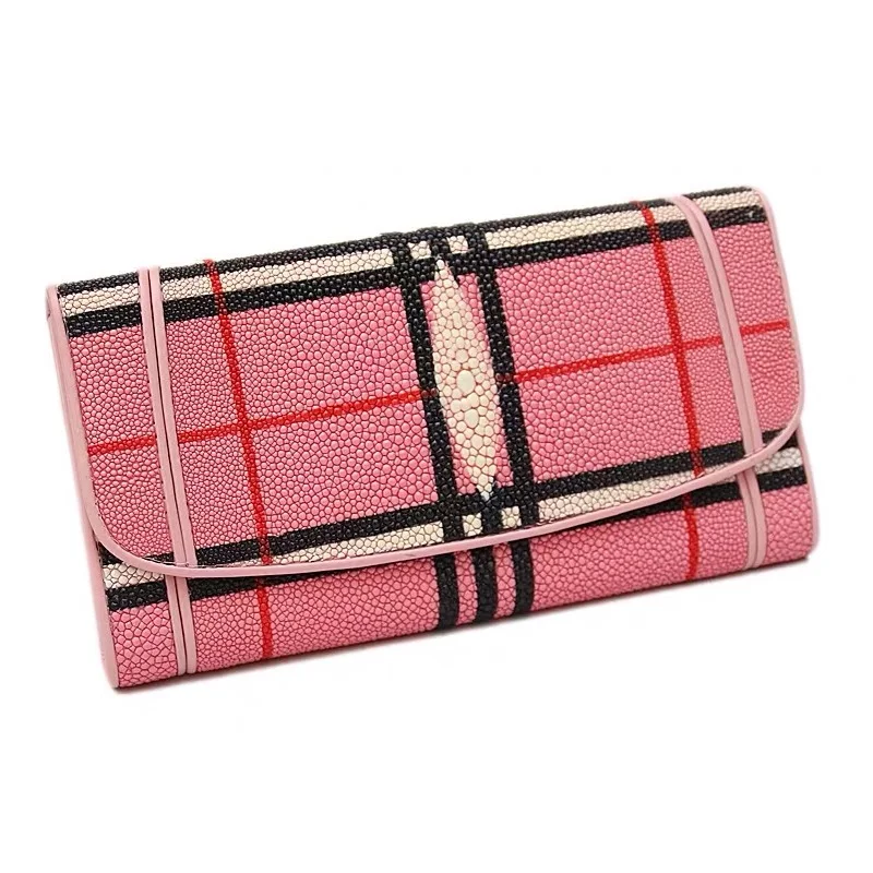 

Chic PLAIDS & CHECKS Designer Authentic Stingray Skin Lady Long Trifold Wallet Card Holders Genuine Leather Women Clutch Purse
