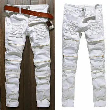 

2020 Fashion Mens Skinny Stretch Denim Pants Distressed Ripped Freyed Slim Fit Long Pants