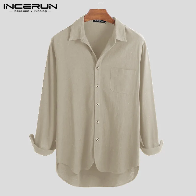 INCERUN Мужская Повседневная рубашка с хлопком на пуговицах дышащая Camisa однотонная с длинным рукавом винтажная Мужская брендовая рубашка Harajuku S-5XL