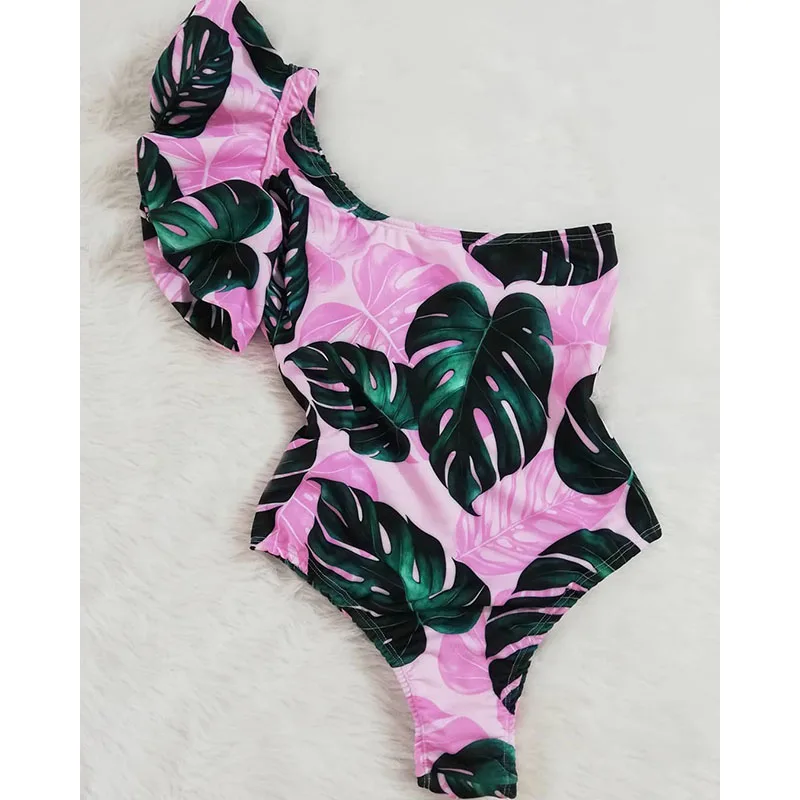 

One Piece Swimsuit Sexy One Shoulder Ruffle Swimwear Women Leaf Print Bathing Suits Beach Wear 2019 New Arrival Monokini Swim