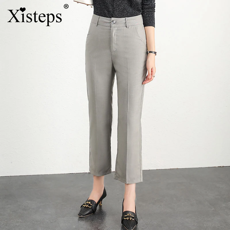 

Xisteps Mid Waist Casual Women Pants New 2020 Autunn Solid Green Trousers Wide Leg Work Wear Office Lady Ankle Length Plus Size