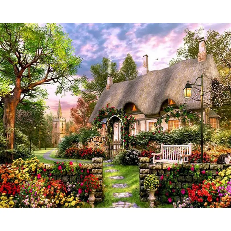 

SELILALI Thatched Cottage In Mountain Landscape Painting By Numbers Kits Diy Framed Oil Picture By Number Home Wall Paint Art