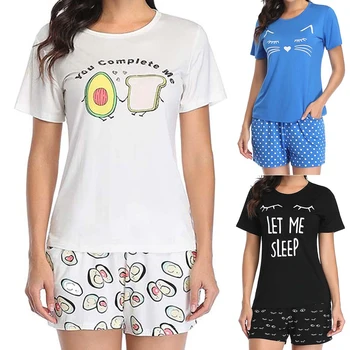 

Women Short Sleeves Avocado Print Cute Pajamas O-neck Tee Top Short Pants Pajamas Set Summer Casual Homewear Suit