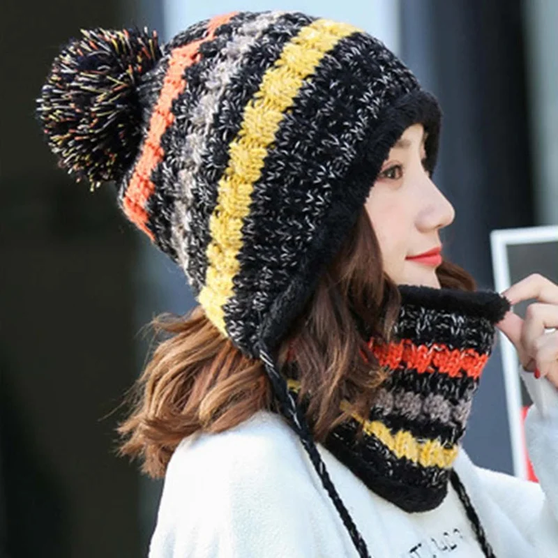 Winter Women Wool Plus Velvet Thick Warm Windproof Knit Hat Bib Suit Solid Color Warm Beanie And Scarf Set