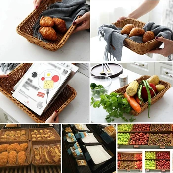 

Handmade Bamboo Rattan Storage Tray Woven Baguettes Picnic Fruit Wicker Round Basket Bread Fruit Food Breakfast Display &