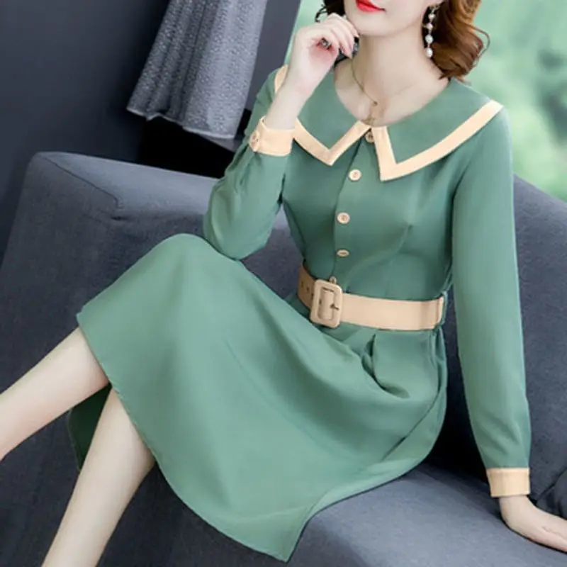 

Vintage Dress Women Spring Fall Winter Long Sleeve A-Line Elegant Peter Pan Collar Midi Dress Pink Green Plus Size Vestido Sexy