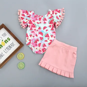 

Girls Sets Watermelon Print Romper and Pink Skirt Summer 2020