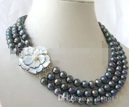 

P3394 3row 17-19 "natural 8-9mm Black round freshwater pearl necklace-