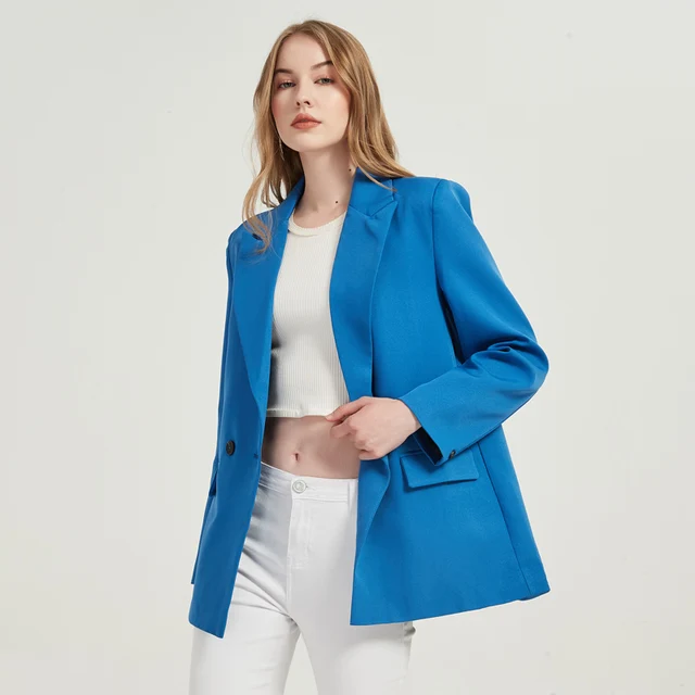 Autumn and winter women's blazer jacket casual solid color double-breasted pocket decorative coat 3