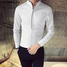 INCERUN, мужская рубашка, одноцветная, брендовая, с длинным рукавом, со стоячим воротником, для фитнеса, Клубная блуза, модная, для социальных, деловых мужчин, рубашки, S-5XL