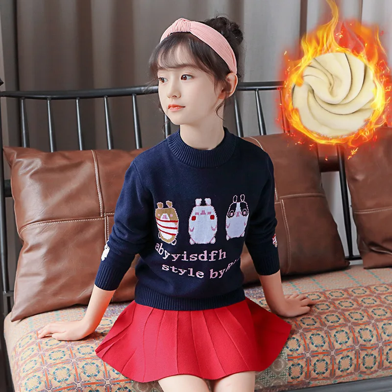 

2019 Winter New Style Girls Cartoon Crew Neck Cotton Knitted Sweater Childrenswear Middle And Large Children Brushed And Thick W