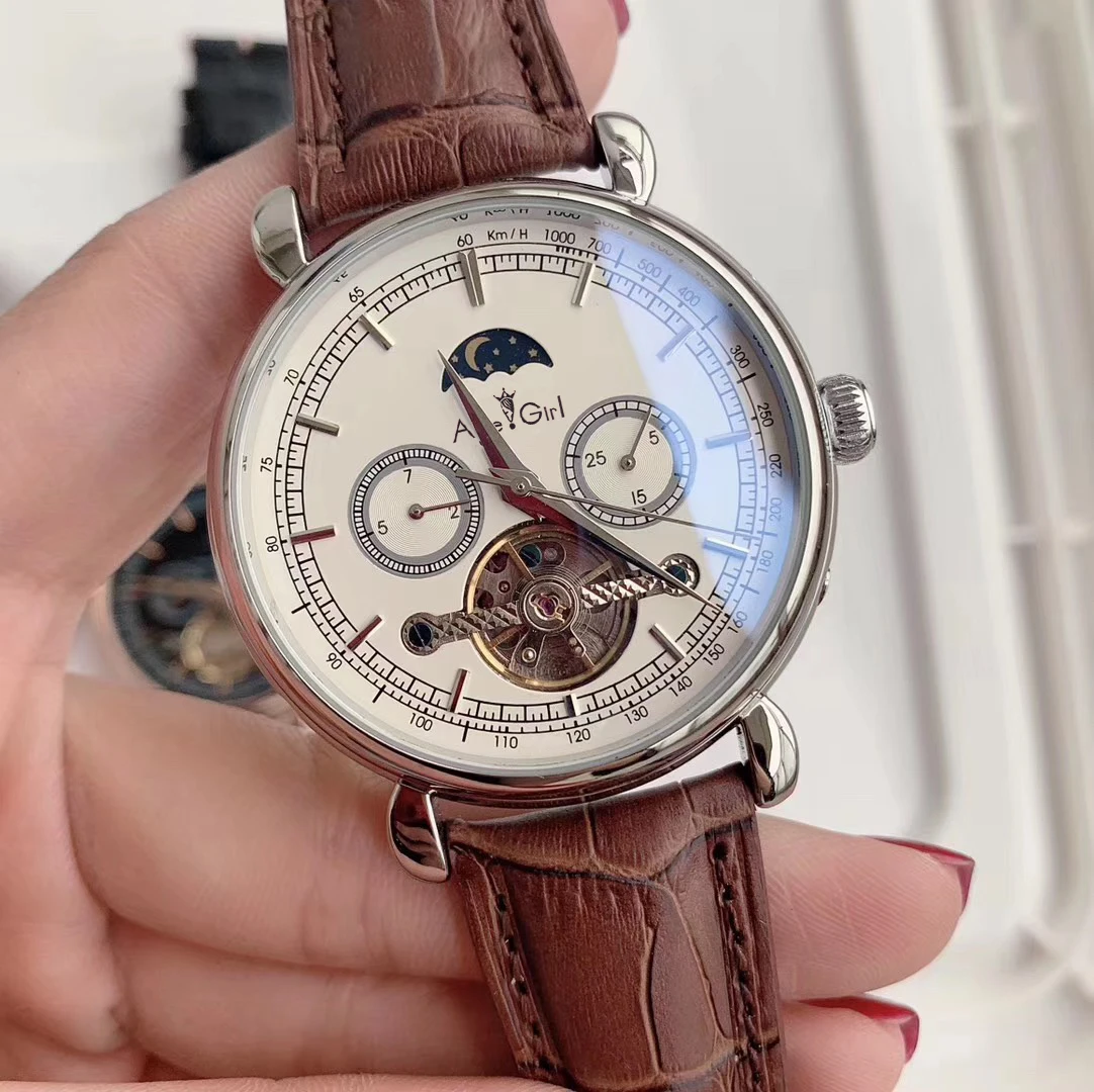 

Luxury Brand New Men Automatic Mechanical Watch Rose Gold Leather Black MoonPhase Tourbillon Sapphire Glass Back See Through AAA