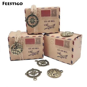 

Feestigo 50pcs Wedding Vintage Candy Box Kraft Packaging Gift Box Wedding Favors and Gifts Bag Travel Themed Party Supplies
