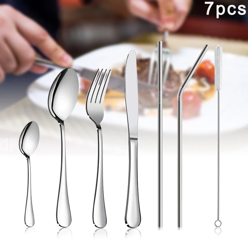 

High Quality 7Pcs Flatware Cutlery Set Portable Stainless Steel Kit Fork Spoon Straw Cleaning Brush VE