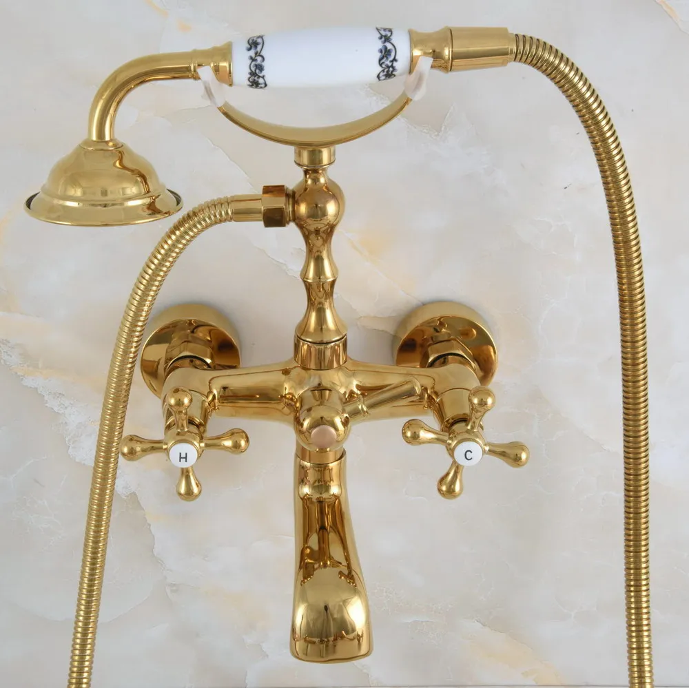 

Латунный Смеситель для ванной комнаты с двойными перекрестными ручками, золотого цвета