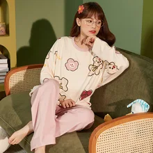 2021 Sweet Style Long-sleeved with Trousers Ladies Pajamas Set Korean Version Plus Size Home Service Pajamas for Women