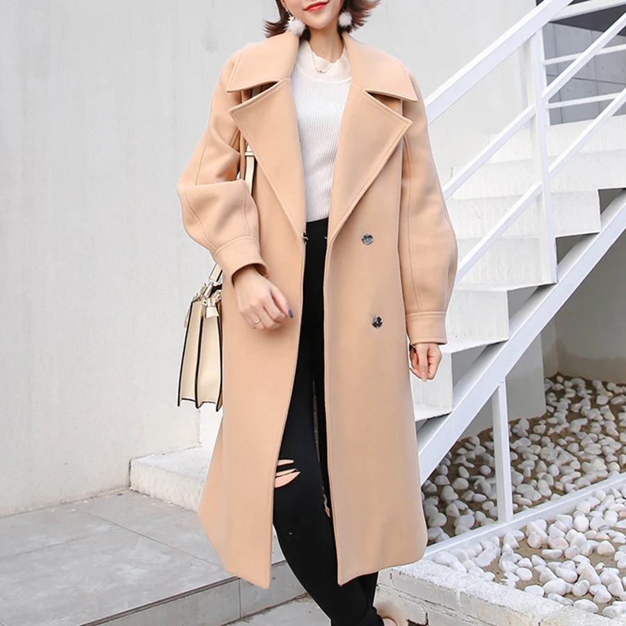 

Fashion Winter Woolen Coats Women Solid Turn-Down Pockets Lace-Up Blends Wool Coat Korean Elegant Lantern Sleeve Ladies Long Top