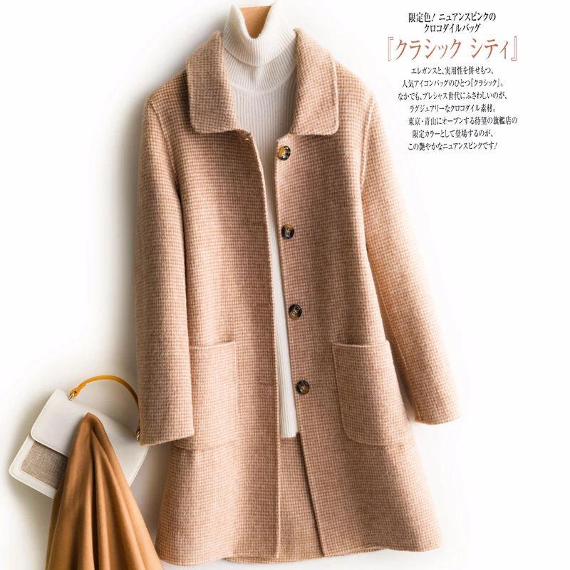 Осеннее и зимнее двойное шерстяное пальто, Корейская тонкая Длинная клетчатая куртка, женское теплое модное пальто с отложным воротником, цена