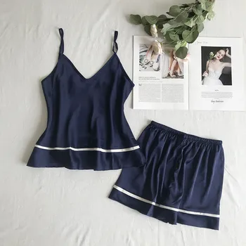 

Satin Homewear Home Clothes Intimate Lingerie Casual Lady Pajamas Suit Sleepwear Sexy Strap Top&Shorts Silky Pijamas Nightwear