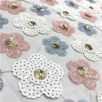 

Top Quality Colorful Floral Sequins lace fabric Nigerian French Black / White Tulle Lace African Fabric For Evening Party dress