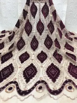 

New French Nigerian purple net lace,African velvet tulle mesh Sequence lace fabric high quality for wedding dress 5yards/lot(7