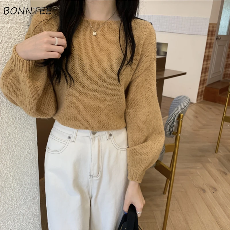 

Pullovers Women O-Neck Baggy Solid Ulzzang Trendy Simple Tender Daily Newest Slouchy Female Cropped Sweaters All-match Cozy Ins