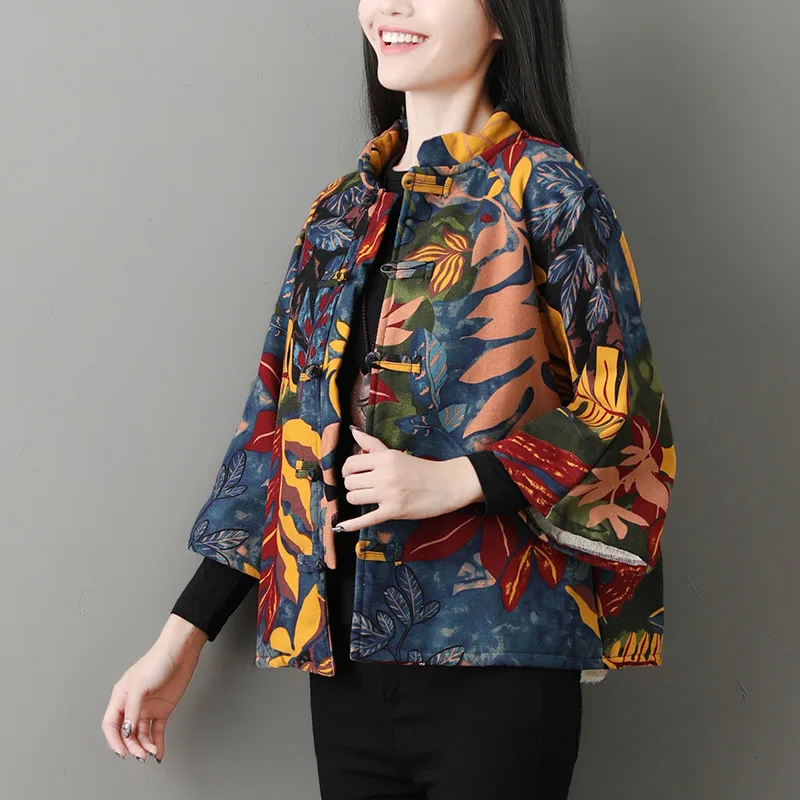 

2019 Autumn And Winter New Style WOMEN'S Dress National Wind Stand Collar Frog Large Size Cotton Coat Short Cotton Linen Printed