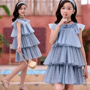 

2020 Summer Cute Girls Princess Dress Kids and Teenager Girls Sweet Mesh Patchwork Party Dresses Glitter Girls Clothing, #8692