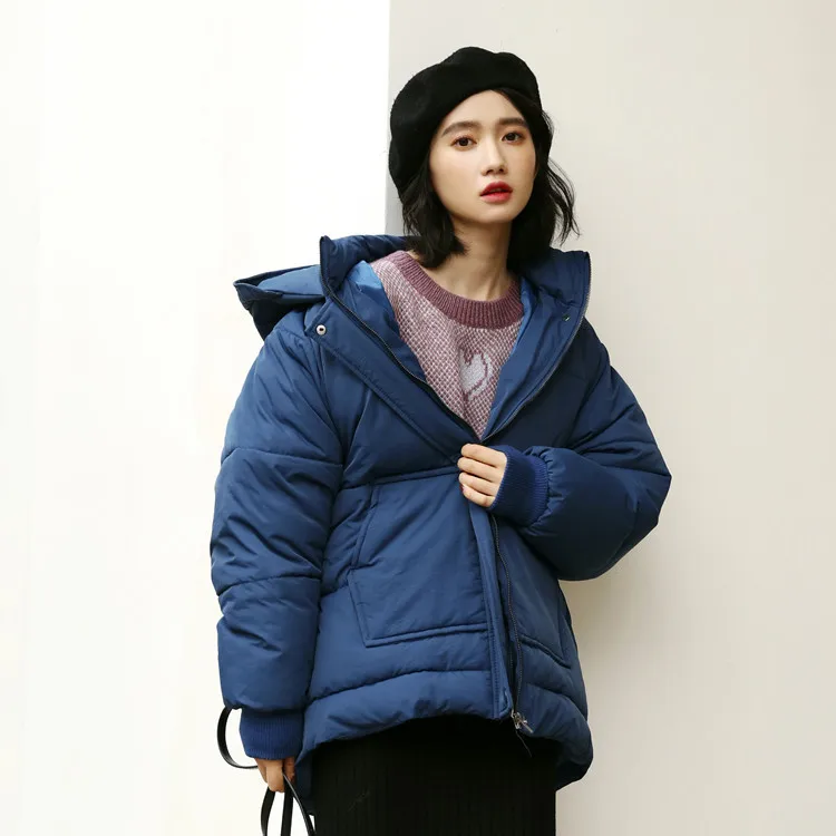 

2018 Winter Korean-style Simple Solid Color Hooded Fold-down Collar Loose Bat Sleeve down Coat Thick Cotton Overcoat