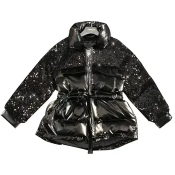 

Net red with the 2019 winter new space bright matte brushed sequins stitching drawstring waist cotton clothes coat women