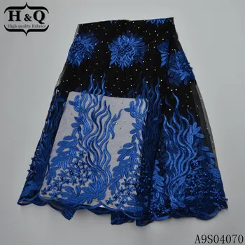 

H&Q popular royal blue french net lace fabric embroidery with beads and stones 5 yards/pcs african tulle laces fabrics for dress