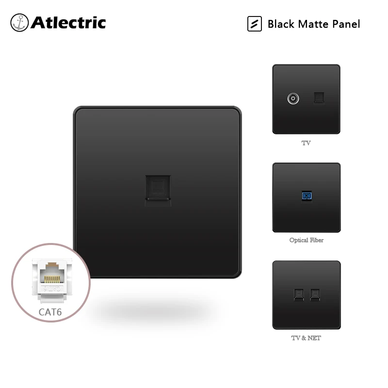 

Atlectric Wall RJ45 Socket Computer TV Socket Black Matte Plastic Panel 86mm * 86mm Cable Network Interface Outlet Jack Socketes