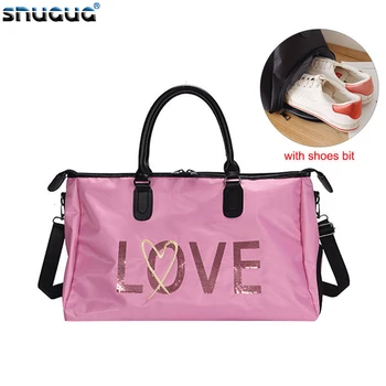 

Waterproof Nylon Sport Bag Gym Luggage Bag Lady Outdoor Travel Shoes Bags Women Sequins PINK LOVE Large Fitness Bag For Man