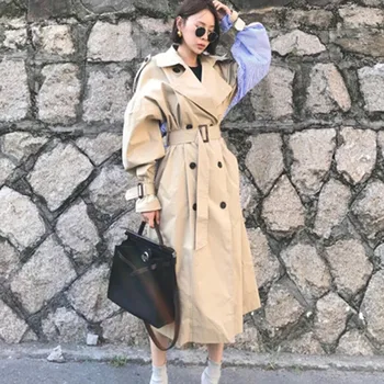 

Z-ZOUX Women Trench Coat Stripe Stitching Long Coat Women Windbreaker Long Sleeve Double Breasted Women Long Overcoat Autumn