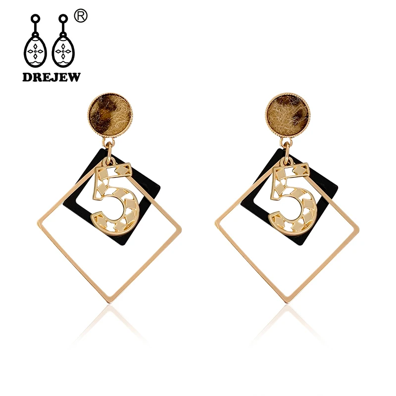 

DREJEW Fashion Leopard Gold Geometric Square Figure 5 Statement Dangle Earrings 2019 Korean Alloy Drop Earrings for Women HE0171