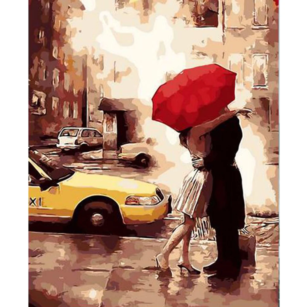 

Lovers Car Umbrella Framed Oil Pictures Painting By Numbers Wall Art Handwork Canvas Oil Painting DIY Home Living Room Decor