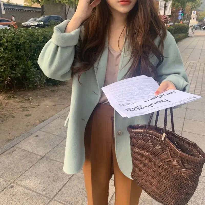 Women Autumn Winter Blue Loose Wool Coat Notched Collar Long Sleeve Woolen Jacket Overcoat Pocket Cardigan Casual Outwear | Женская