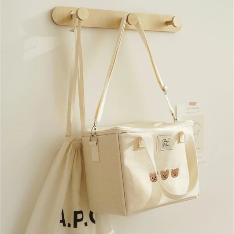 Ins Bear Lunch Bag Canvas Large Capacity Insulation Handbags Multifunctional Thermal Breakfast Box Portable Picnic Travel WY388