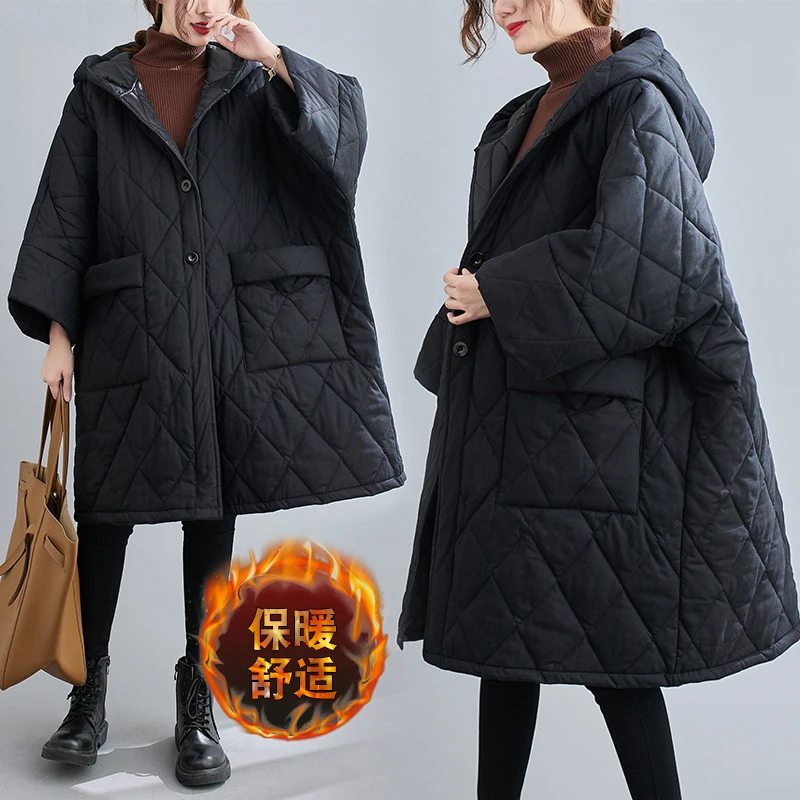 

Femme Winter Warm Hooded Coat Women Femme Thick Ladies Clothes Plaid Bat Sleeve Outerwear Female Cardigan