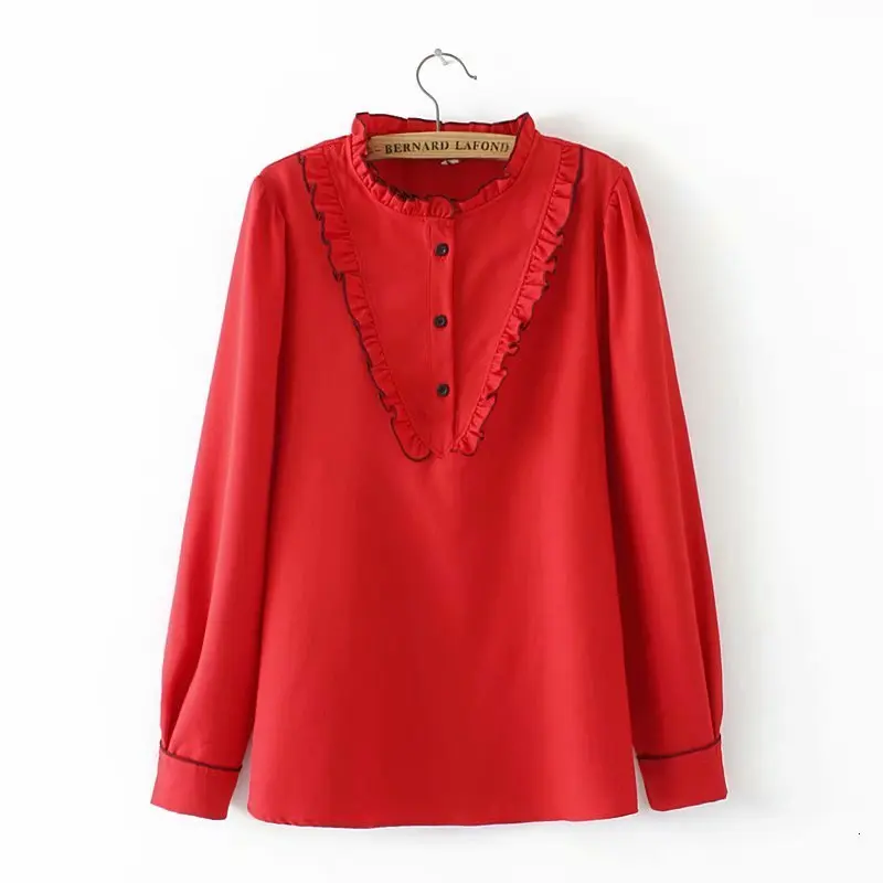 

Plus size ruches kraag lange mouw blouses vrouwen nieuwe mode ruches red & white shirt Lente & herfst dames tops 4XL