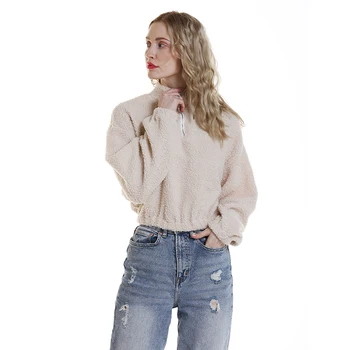 

Autumn Zipper Stand Collar Hoodie Women Long Sleeve Plush Warm Sweatshirts Women Korean Imitation Wool Short Pullovers