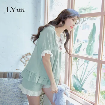 

LYun Summer ladies cotton short-sleeved pajamas summer thin section cute home service house house suit can be worn outside