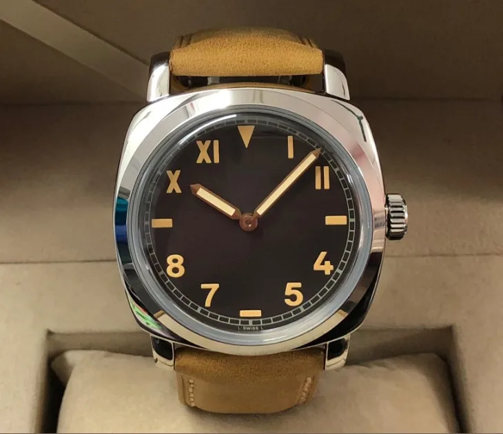 coffee colour dial 47 мм GEERVO светильник кофейного цвета или черный циферблат Азиатский 6497 17 jewels механический ручной вздув движения мужские часы gr233-8 - Цвет: coffee colour dial