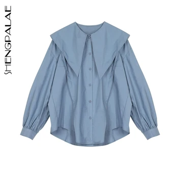 

SHENGPALAE 2020 New Spring Fashion Women Shirt Female Tops Long Lantern Sleevel Turn-down Collar Women's Loose Blouse ZA3277